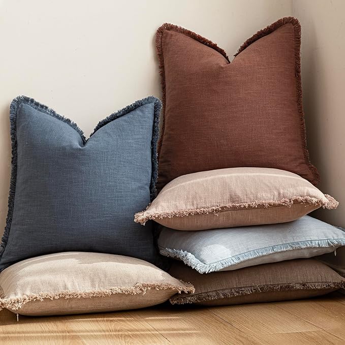 Foindtower Set of 2 Decorative Linen Fringe Lumbar Throw Pillow Covers Boho Farmhouse Cushion Cover with Tassels Soft Accent Pillowcase for Couch Sofa Bed Living Room Home Decor,12×24 Inch,Sky Blue