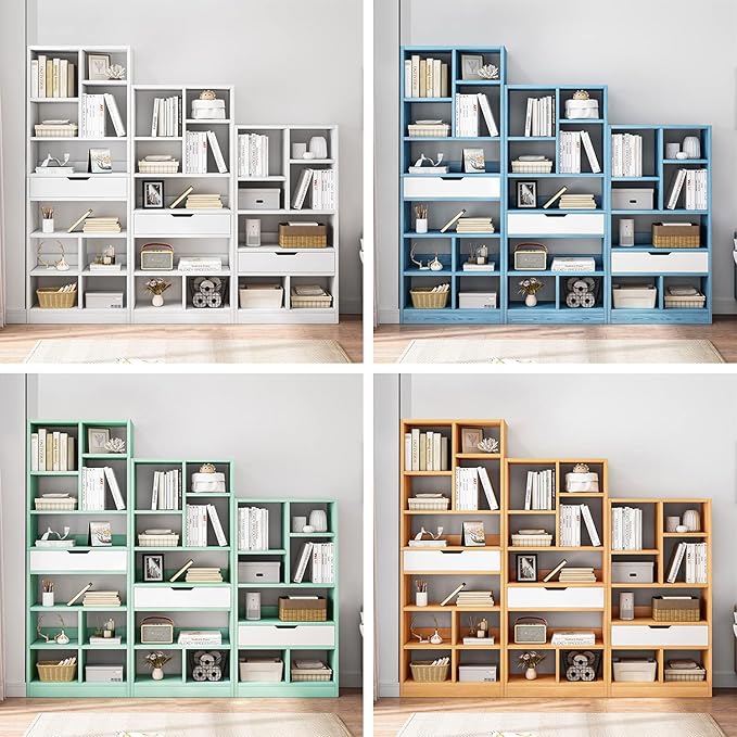 IOTXY Wooden Open Shelf Bookcase - 51 Inches Height Freestanding Display Storage Cabinet Organizer with 7 Cubes and a Drawer, Floor Standing Bookshelf in Tiffany-Green