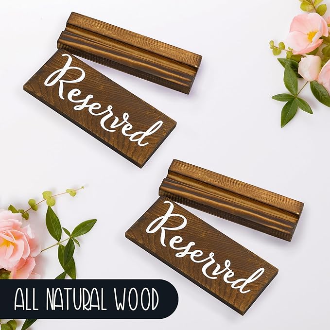 Darware Wooden Reserved Signs for Tables (6-Pack, Brown); Rustic Real Table Signs with Sign Holders for Weddings, Special Events, and Restaurant Use