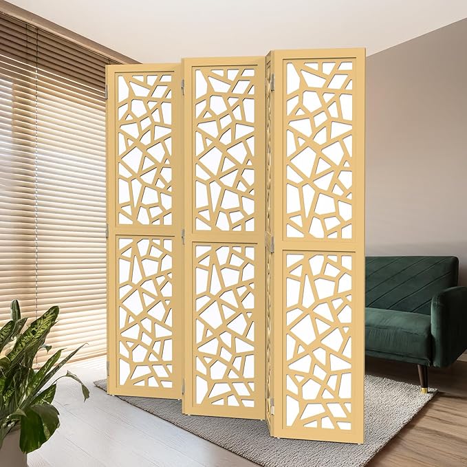 VINGLI 70'' H Room Divider, Non-Woven Fabric Privacy Screen, Indoor Partition Wall Dividers, Freestanding Hinged Space Separator with Modern Unique Pattern (Gold, 6 Panel)