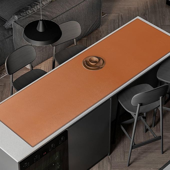 ZORESYN PU Leather Desk Mat Waterproof Anti-Oil Dining Table mat - 66.9" x 19.7" - Non-Slip Mouse Pad,Large Desk Pad with Suede Base,Stitched Edges Computer Desk Mat for Gamer,Office & Home | Brown