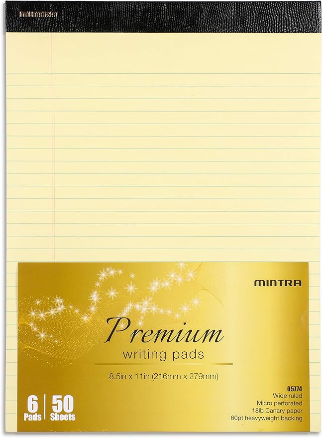 Mintra Office Legal Pads - ((PREMIUM CANARY 6pk, 8.5in x 11in, WIDE RULED))