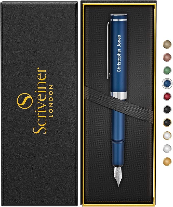 Scriveiner Personalized Luxury EDC Fountain Pen (Medium), Stunning Matt Blue Pocket Pen, Chrome Finish, Schmidt German Nib, Best Engraved Fountain Pen Gift Set for Men & Women, Name Engraving