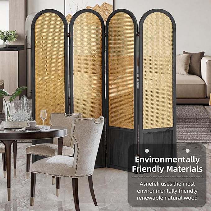 Asnefeli Room Divider 4 Panels, Folding Privacy Screen, Foldable Wood Rattan Room Divider Panel, Portable Partition Screen, Wall Divider for Room Separation Bedroom Home Office Garden Terrace (Black)