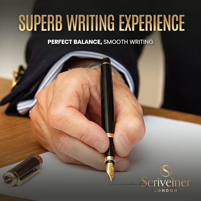 Scriveiner Luxury Fountain Pen - Stunning Black Lacquer Pen, Real Gold Finish, Schmidt Gilded Nib (Medium), Converter, Best Pen Gift Set for Men & Women, Professional, Executive, Office, Nice Pens