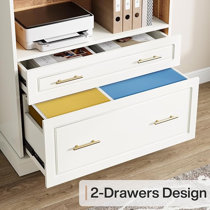 Tribesigns Way to Origin 2-Drawer Vertical File Cabinet for Letter Size, Moder Filing Cabinet with 5-Tier Bookshelf, Large Printer Stand with Open Storage Shelves for Home Office (White)