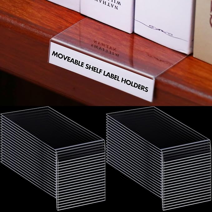Containlol 50 Pcs Moveable Shelf Label Holders, Clear Bookshelf Label Library Shelf Markers Bookshelf Divider Tags for Library Office Classroom Home(6.5 x 3 x 0.63 Inch)