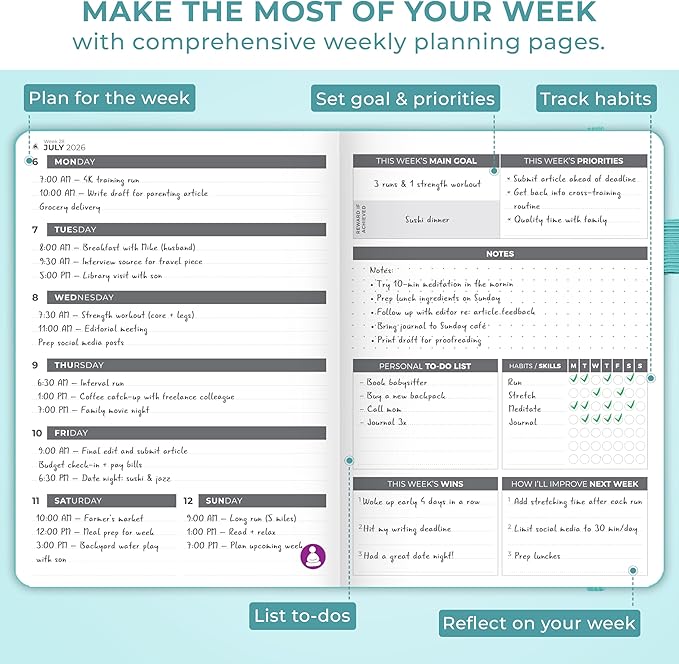 Clever Fox Dated Planner 2026-2027 – Weekly Life Planner Notebook for Time Management – Planner with Habits Tracker & To-Do List (Aquamarine)