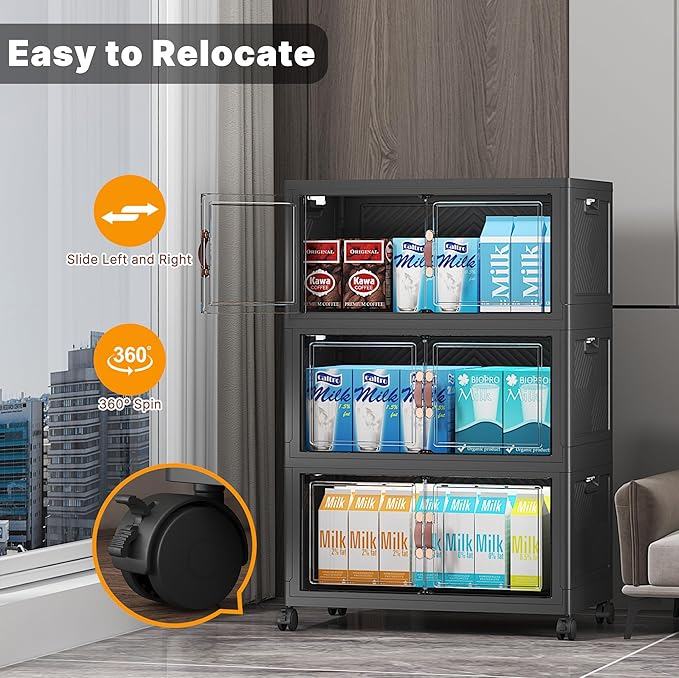 UAMFURI Extra Large Stackable Storage Bins with Lids & Wheels & Door, 156QT-52QT/13GAL*3Pack Foldable Collapsible Closet Organizers, Plastic containers drawers for bedroom Dorm