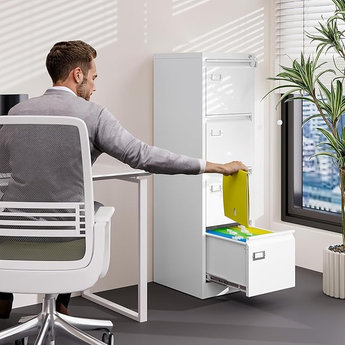 BYNSOE 4 Drawer File Cabinet with Lock Metal Vertical File Storage Cabinet Office Home Steel Vertical File Cabinet for A4 Legal/Letter Size Narrow File Cabinet Locked,Assembly Required