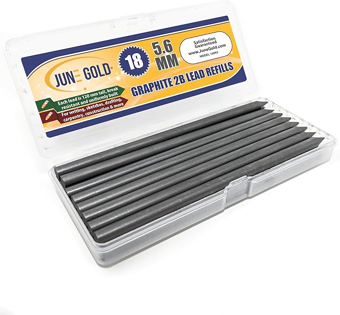 June Gold 18 Pieces, 5.6 mm 2B Lead Refills, 120 mm Length, Extreme Bold Thickness, Break Resistant Lead/Graphite