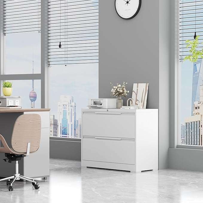 LONGLINK 2 Drawer Lateral File Cabinets with Lock,Metal Filing Cabinet for Home Office,Wide Office Storage Cabinet with Hanging Bars for A4 Legal/Letter Size(White-Easy Assembly)