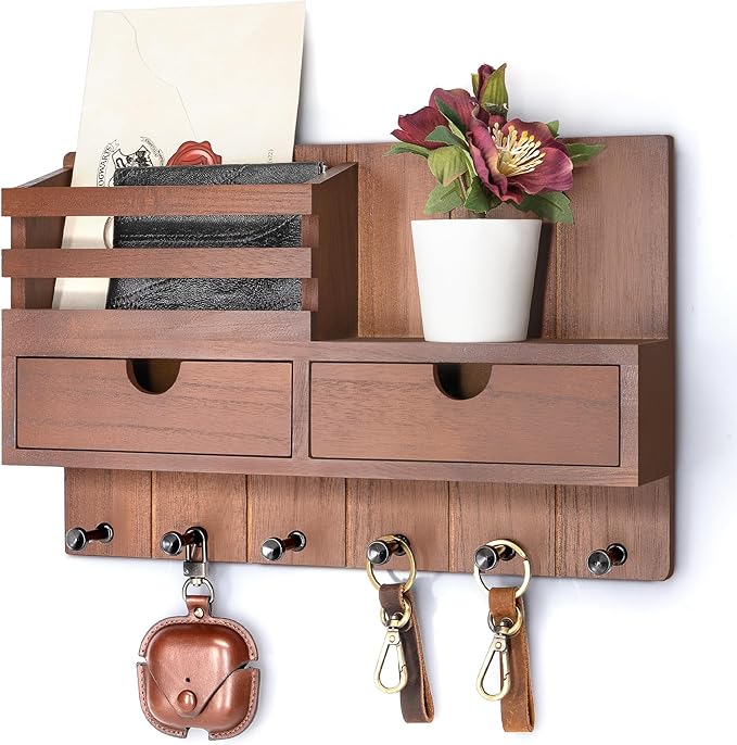 Rebee Vision Farmhouse Key Holder Wall Mount with 2 Drawer Organizer - Decorative Mail Organizer for Wall with 6 Key Hooks - Ideal Apartment Essentials for Room Decor Aesthetic (Rustic Brown)