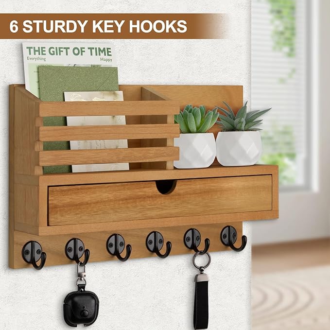 Lucundm Key Holder Wall Mount, Mail Holder with Storage Drawer and 6 Key Hooks for Coat, Dog Leash, Home Decor Rack, House Accessories, Entry Way Organizer