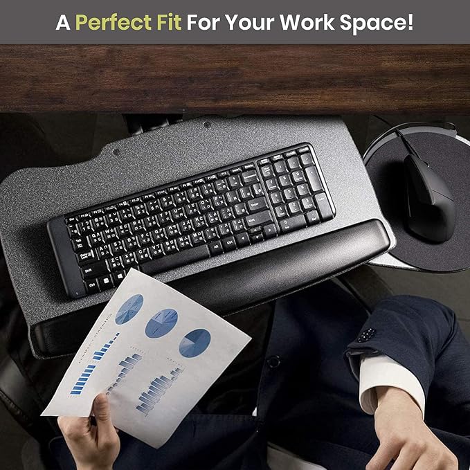 FERSGO Under Desk Keyboard Tray, 27" x 11" Tray, 17.75" Track, One Knob Control, Undermount Sliding Computer Keyboard with Wrist Rest, Adjustable Height and ±15° Tilt