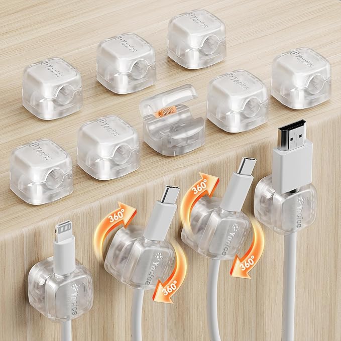 Yocice 12Pack Rotatable Cord Organizer,Spring Cable Clips Desk Cable Management Cord Holder Adhesive Phone Charger Cord Clips for Home Office Car Wall Nightstand Accessories, Clear