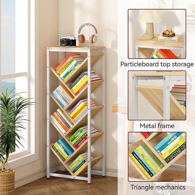 IBUYKE 9 Tier Tree Bookshelf, Floor Standing Wood Bookshelf for Narrow Space, Storage Organizer Bookcase for Books/CDs/Movies, Small Corner Bookcase for Bedroom Living Room,Natural,TBC002N