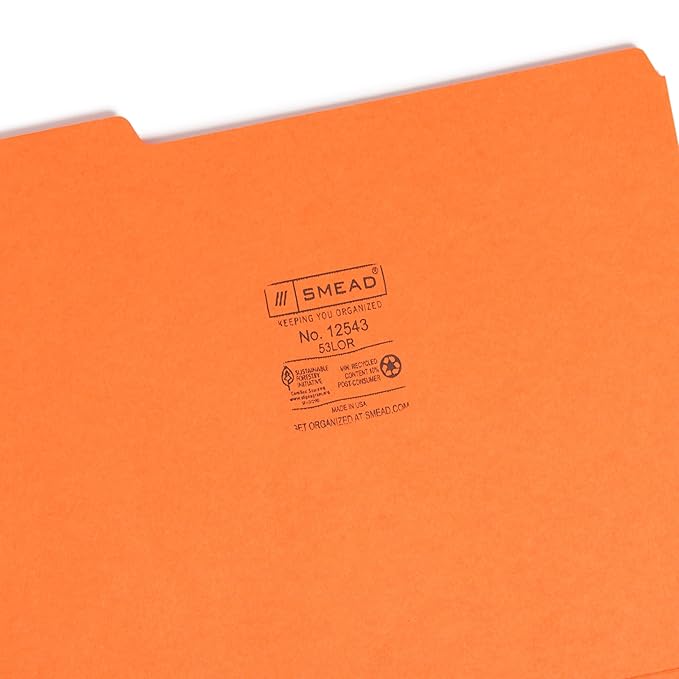 Smead Colored File Folder, 1/3-Cut Tab, Letter Size, Orange, 100 per Box (12543)