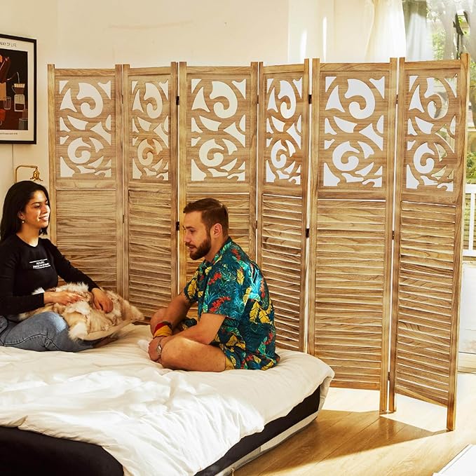 Room Divider Wood Carved Wall Divider Indoor Folding Portable Partition Screen for Home Office Garden Terrace - 6 Panel, 67 * 90inch (Wood)