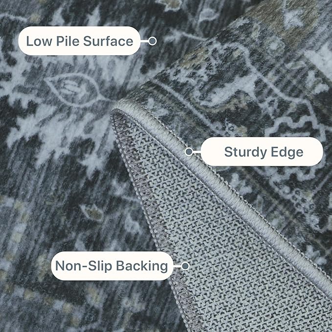GENIMO 9x12 Area Rugs for Living Room, Machine Washable Non Slip Vintage Rugs, Low Pile Lightweight Chenille Print Rug for Bedroom, Dining Room, Home Office,Dark Gray