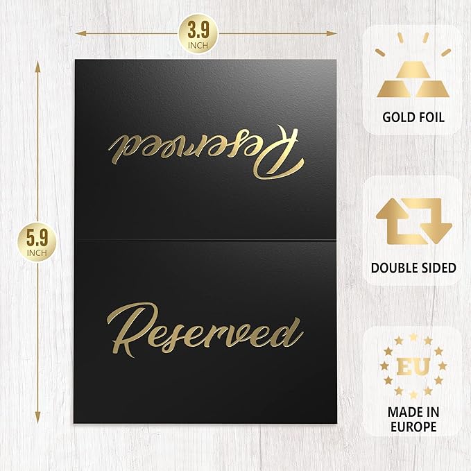 10 Pack Black Reserved Table Signs for Wedding 3x4 Cardstock Reserved Seating Signs for Weddings Restaurant - Double Sided Reserved Signs for Tables - Table Tent Reservation Cards With Gold Letters