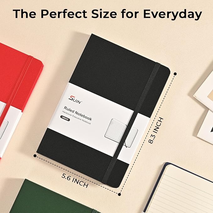 SUIN Lined Journal Notebooks for Work, School & Journaling – Black Hardcover, Medium 5.6 x 8 in, 160 Pages, 100 GSM Thick Paper for Note Taking & Writing (Black-8Pack)