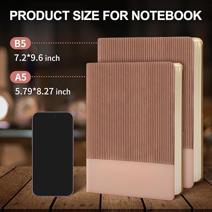 TSFPapier Lined Journal Notebook for Work College Ruled Note Book 5.79"x8.27" A5 PU Leather Daily Journaling 216 Pages for Women Men Writing Home School Supplies Business (Khaki/Darkpink)
