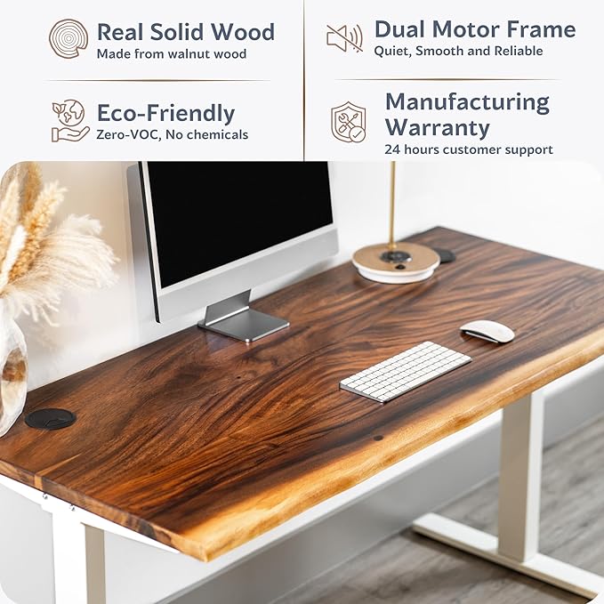 Standing Desk – Walnut Solid Wood Desk, Natural Live Edge, Adjustable Height Dual Motor, Sit Stand for Home Office (White, W60 x D27)