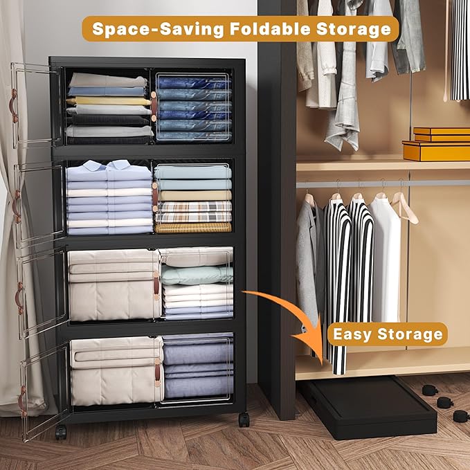 UAMFURI Extra Large Stackable Storage Bins with Lids & Wheels & Door, 896QT-112QT/28GAL*8Pack Foldable Collapsible Closet Organizers, Plastic containers drawers for bedroom Dorm