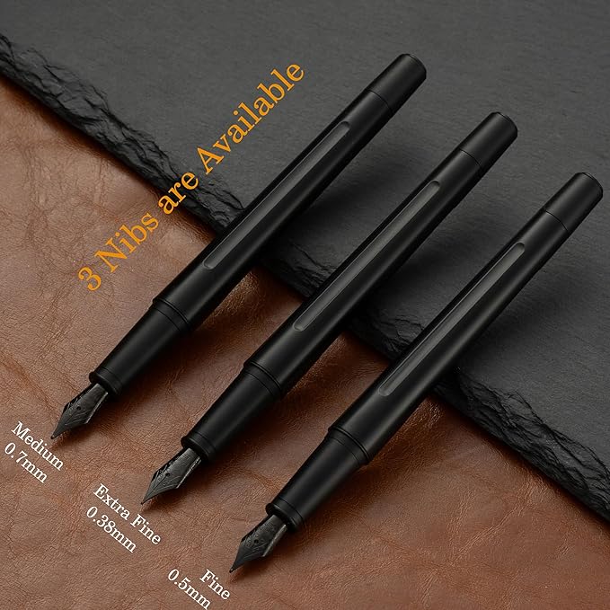 HUASHILAI Luxury Matte Black Forest Fountain Pen Set,Titanium Black Extra Fine and Medium Nibs,Includes 2 Ink Converters,10 Ink Cartridges,15ml ink，Premium Gift Case for Calligraphy (Medium Nib)