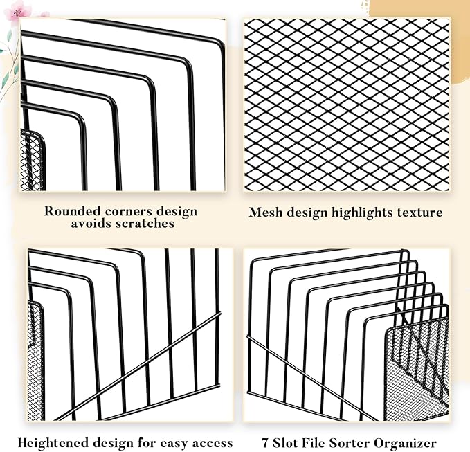 4 Pcs 7 Section Incline File Sorter Metal Wire Mesh File Rack for Desktop Letter Sorter for Magazine Folder Book Organizer Home Office School Paper Mail Desk Storage Holder (Black)