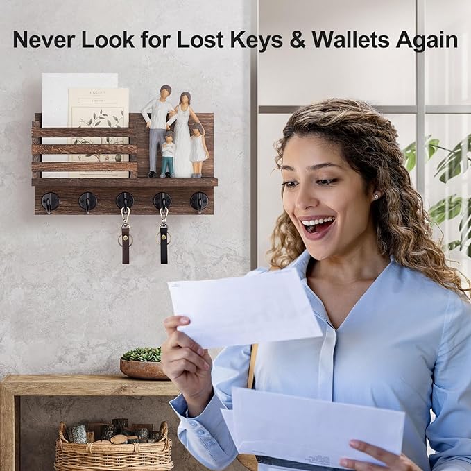 Lwenki Key Holder for Wall – Decorative Wooden Mail Holder and Key Shelf with Mounting Hardware, Installation Guide – Paulownia Wood with 5 Metal Key Hooks (11.8” x 6.7” x 2.8”)