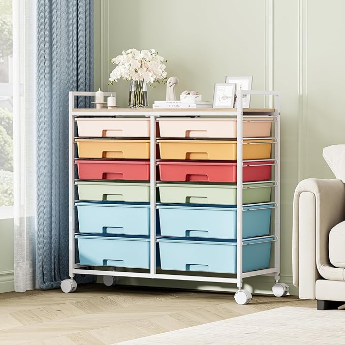 Rolling Storage Cart with 12 Drawers, Wooden Tabletop Utility Cart for Craft Storage, Art Supply Storage & Home Office Organization, Teacher Cart with Wheels for Classroom, School (Rainbow)