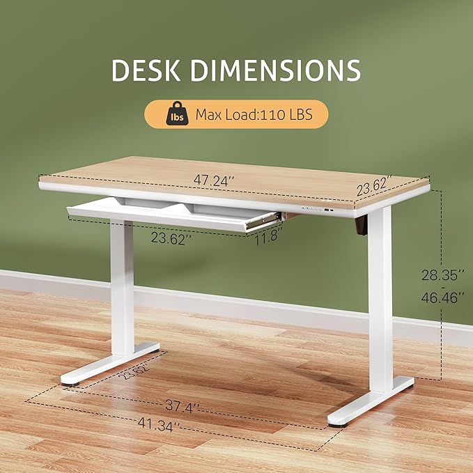 Furmax Electric Standing Desk with Drawers, Adjustable Height Sit Stand Desk with One-Piece Desktop & USB Charging Port for Home Office Computer Desks (Bamboo Desktop, 48 Inch)