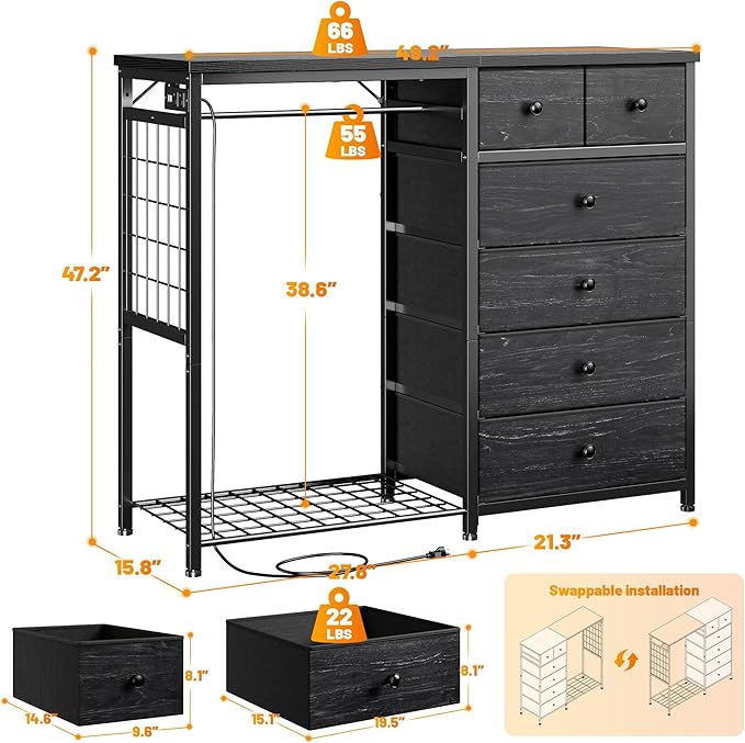 EnHomee 49.2" W Dresser for Bedroom with Hanging Rack 6 Drawers Dresser with LED Lights & Charging Station, Fabric Dressers & Chest of Drawers with 4 Hooks, Wooden Top, Grid Panel, Black