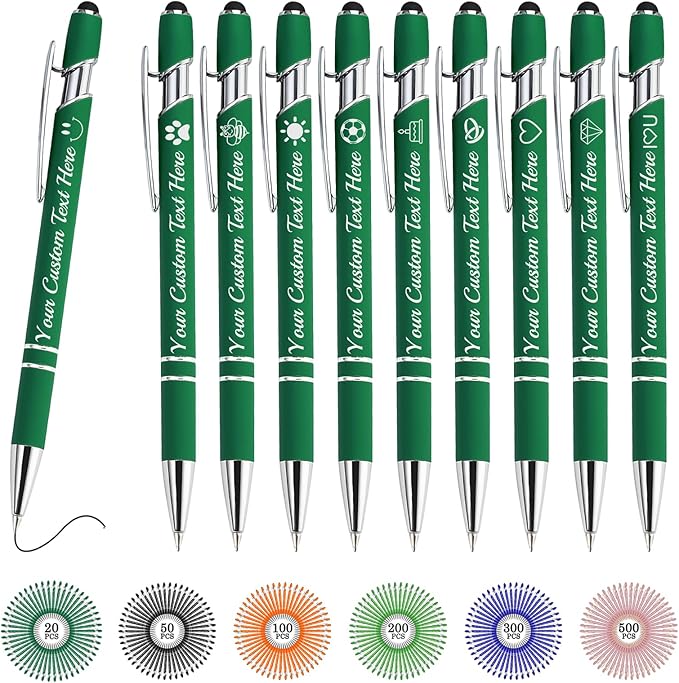 Custom Pens Bulk Personalized Ballpoint Pen with Stylus Tip Customized Engraved Pens with Name Logo Soft Black Ink with Touch Metal Office for Business Office Teacher School Corporate Gifts Green