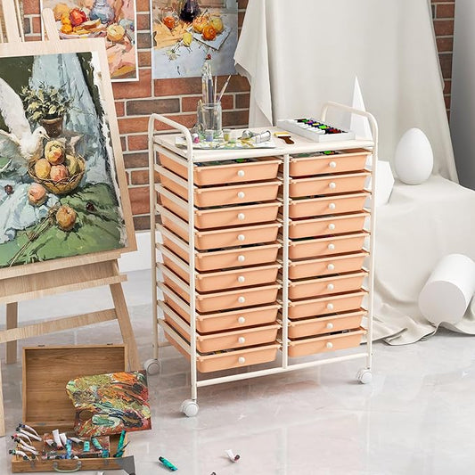 Happygrill 20-Drawer Organizer Cart Tools, Mobile Utility Storage Cart with Removable Drawers & Lockable Wheels, Rolling Storage Cart with wheels for Home Office School (Peach Fuzz)