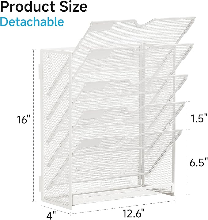 Lavatino 6-Tier Hanging File Organizer, Wall Mount File Holder for Mails Folders Papers Magazine Organization, Vertical Document Organizer for Office Home - (White)