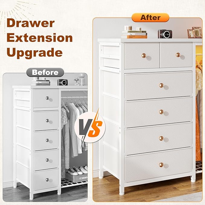 EnHomee 49.2" W White Dresser for Bedroom with Hanging Rack, 6 Drawers Dresser with LED Lights & Charging Station, Fabric Dressers & Chest of Drawers with Grid Panel & 4 Hooks, Wooden Top