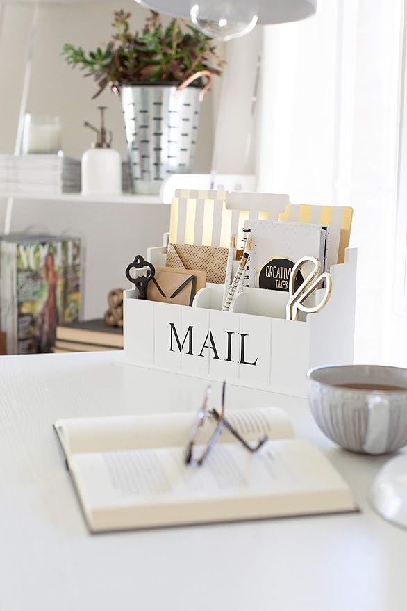 BLU MONACO | White Wooden Mail Organizer for Countertop | Standing File Organizer for Desk with 3 Tier Storage | Mail Sorter Organizer Countertop Rustic Office Kitchen