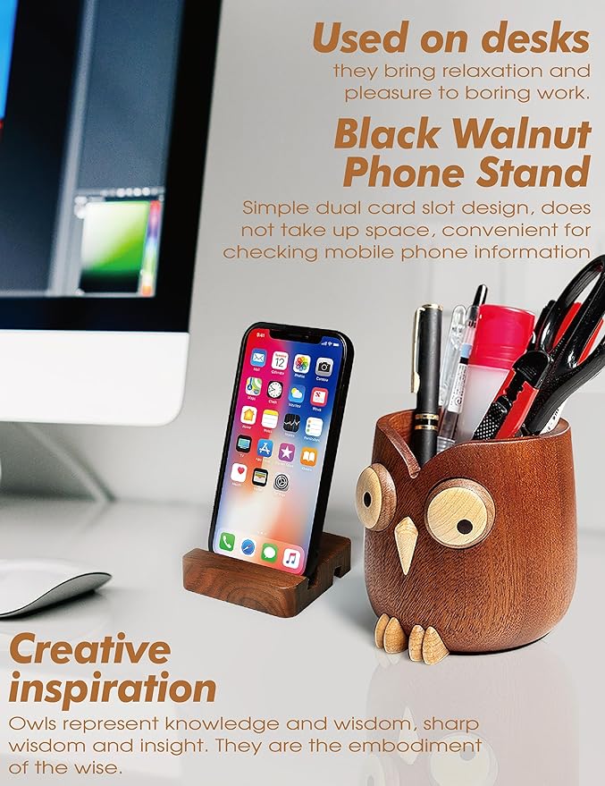 WODTILIFE Cute Owl Pen Holder for desk and walnut Phone Stand, Fun ebony pencil holder, magnetic rotating eyes, Single solid wood hollow design, for Office accessories School Home and Holiday Gifts.
