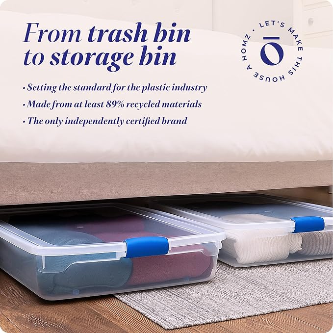HOMZ 2-Pack Under Bed Storage, Clear Plastic Containers with Lids, 56 Quart, Blue Latch - Stackable Underbed Organizer Bins for Shoes, Bags, Clothes, and Towels