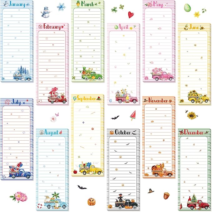 Eaasty 12 Pcs Seasonal Holiday Magnetic Notepads for Refrigerator Text Monthly Magnetic Grocery List 9 x 3.5" Magnet Memo Pads 30 Sheets Per Pad Shopping to Do List for January to December