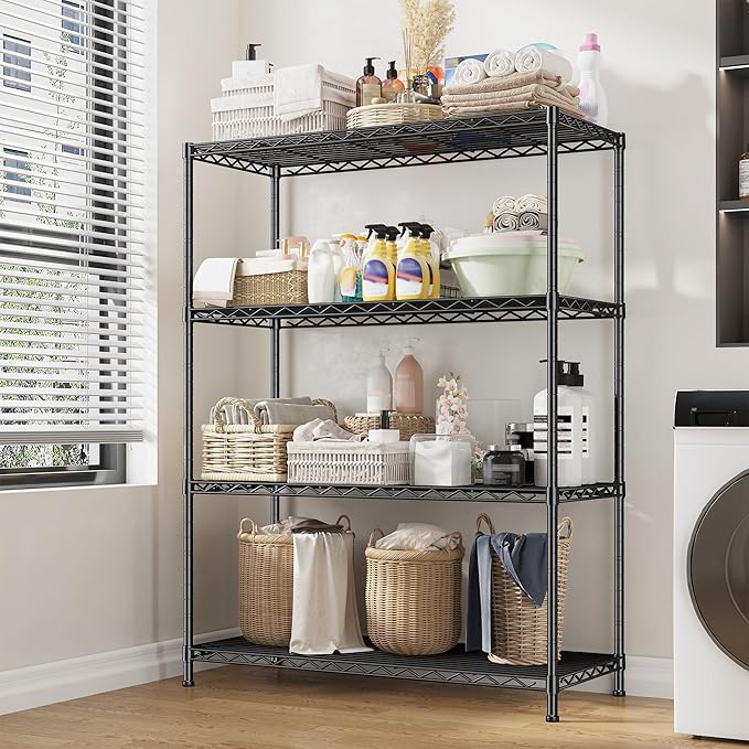 DurayLoly 4- Shelf Metal Shelving Unit Adjustable Storage Shelves Heavy Duty Garage Shelving Steel Wire Shelving for Laundry Bathroom Kitchen Pantry Closet Garage Black, 35.6Wx16Dx54H
