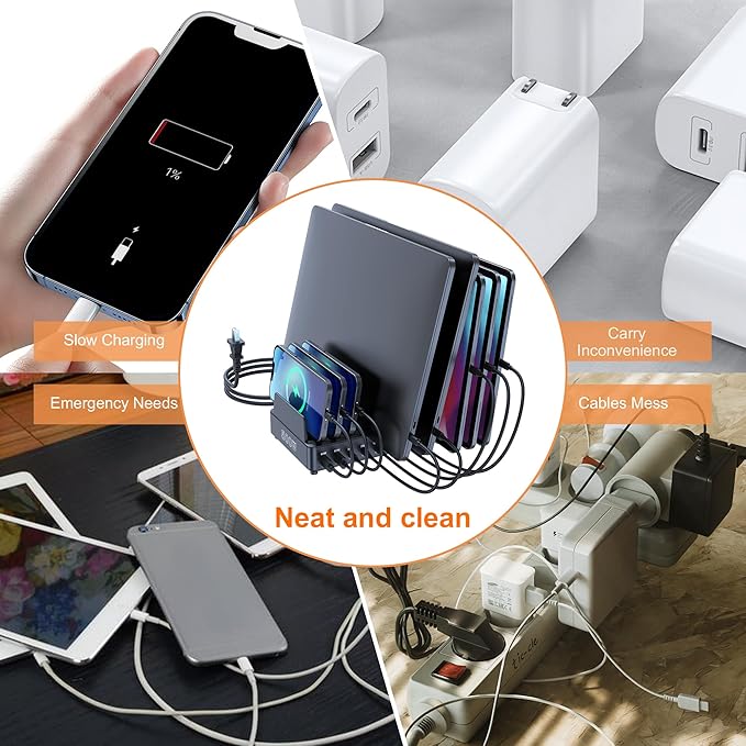 chipofy 500W Charging Station for Multiple Devices, 10-Port Multi USB C Fast Charger Station with Organizer Stand for MacBook Laptop, iPad, iPhone 17 16 Pro Max, Galaxy S25/S24 and More