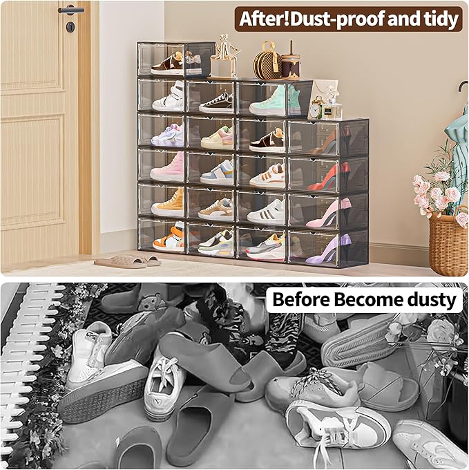 TOFWOF 6 Pack XX Large Shoe Organizer, Heavy-Duty Hard Thicken Plastic Clear Stackable Shoe Storage Box Organizer for Closet, Space-Saving Shoe Rack Display Case Bin Containers for Sneakers, Grey