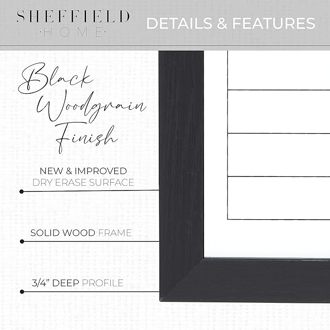 Sheffield Home Set of Two Family Planner Dry Erase Boards Featuring, Chore Chart, Shopping List, Weekly Meal Planner and Notes, 9x21 Inch, Black