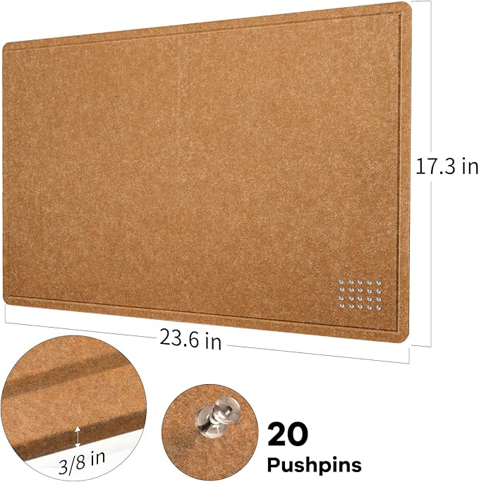 Bulletin Board, 24 x 18 inches Felt Board Decorative Pin Board, Cork Board Alternative for Wall, Foldable Photo Board Self-Adhesive Vision Board Mood Board with 20 Pushpins - Apricot