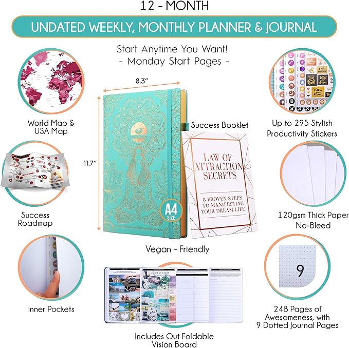Life Planner - Undated Weekly & Monthly Planner, 12-Month Journey to Increase Productivity | Gratitude Journal, Life Organizer & Goal Journal | Include Foldable Vision Board, Habit Tracker & Stickers