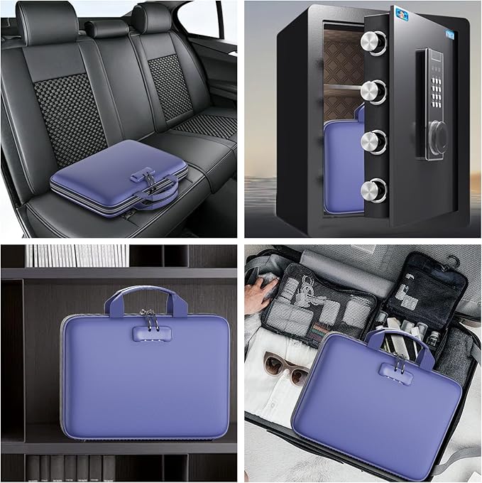 Fireproof File Organizer with Lock, Hard-Shell Case Fireproof Document Box with 13 Pockets Accordion File Folder, Important Document Organizer for Letter A4 Files Laptop Passports (Blue)